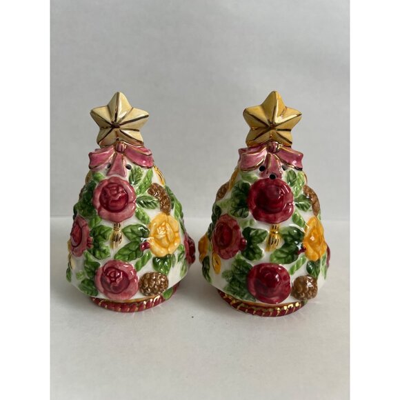 Hand-Painted Ceramic Christmas Tree Salt & Pepper Shakers With Floral Design & G - Picture 2 of 4